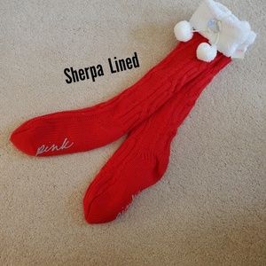 VS Pink Sherpa Lined Pom Pom Knee High Sock